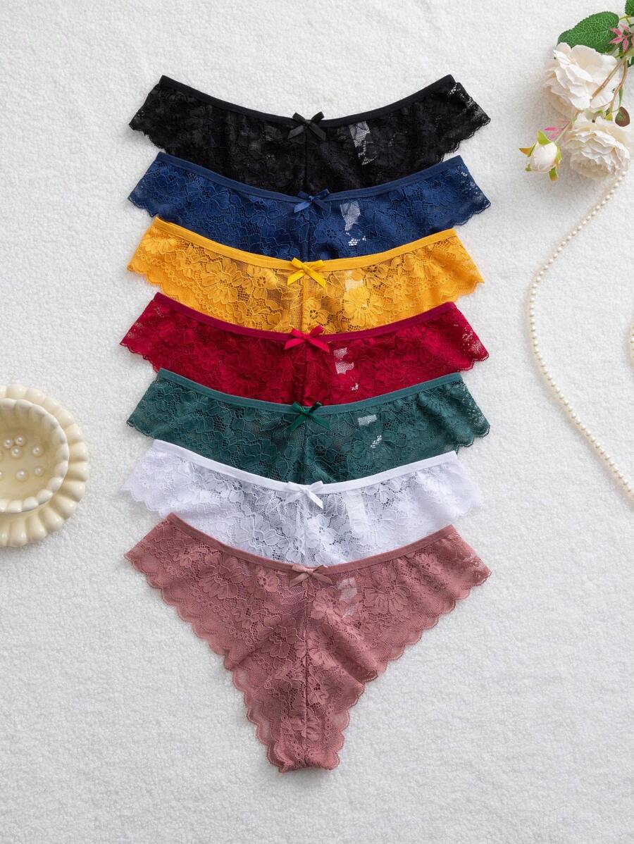 SHEIN 7 件套优雅蕾丝蝴蝶结装饰三角裤，多色内衣 - 彩色 - 查看 1