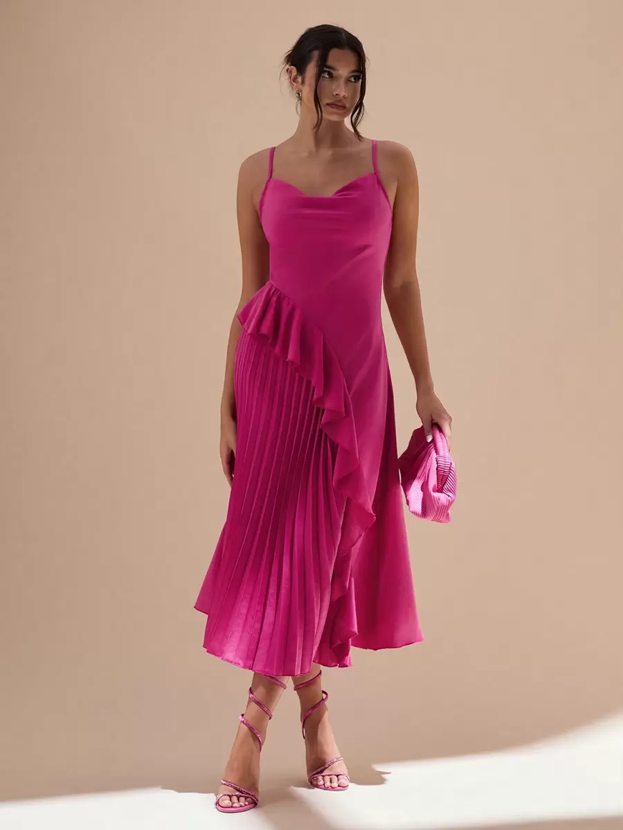 Glamine 女式夏季优雅垂坠领褶边缎面吊带连衣裙 - 玫紅色 - 查看 1