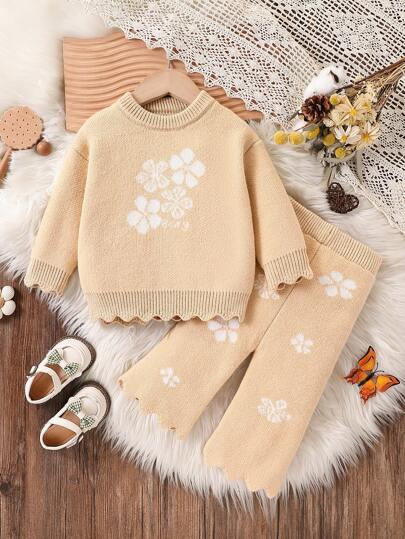 Bộ áo len đan cho bé gái, gồm áo chui đầu họa tiết hoa jacquard và quần dài cho mùa xuân thu đông, màu ngà