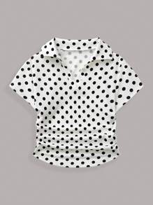 SHEIN Essnce 女士可爱波尔卡圆点印花 Polo 领褶皱收腰短款 Polo 衫，女士服装，波尔卡圆点短 T 恤，白色 T 恤，Polo 衫 - 白色 - 查看 7