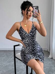 SHEIN Privé Váy ngắn eo xếp nếp họa tiết da báo thời trang dành cho nữ khi đi nghỉ, tiệc tùng, lễ hội - Nhiều màu - Xem 6