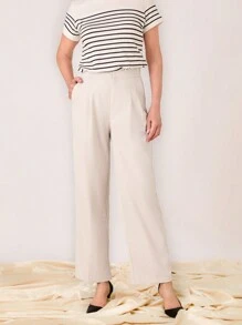 SHEIN LUNE Women Casual Solid Straight Leg Pants - Beige - View 2
