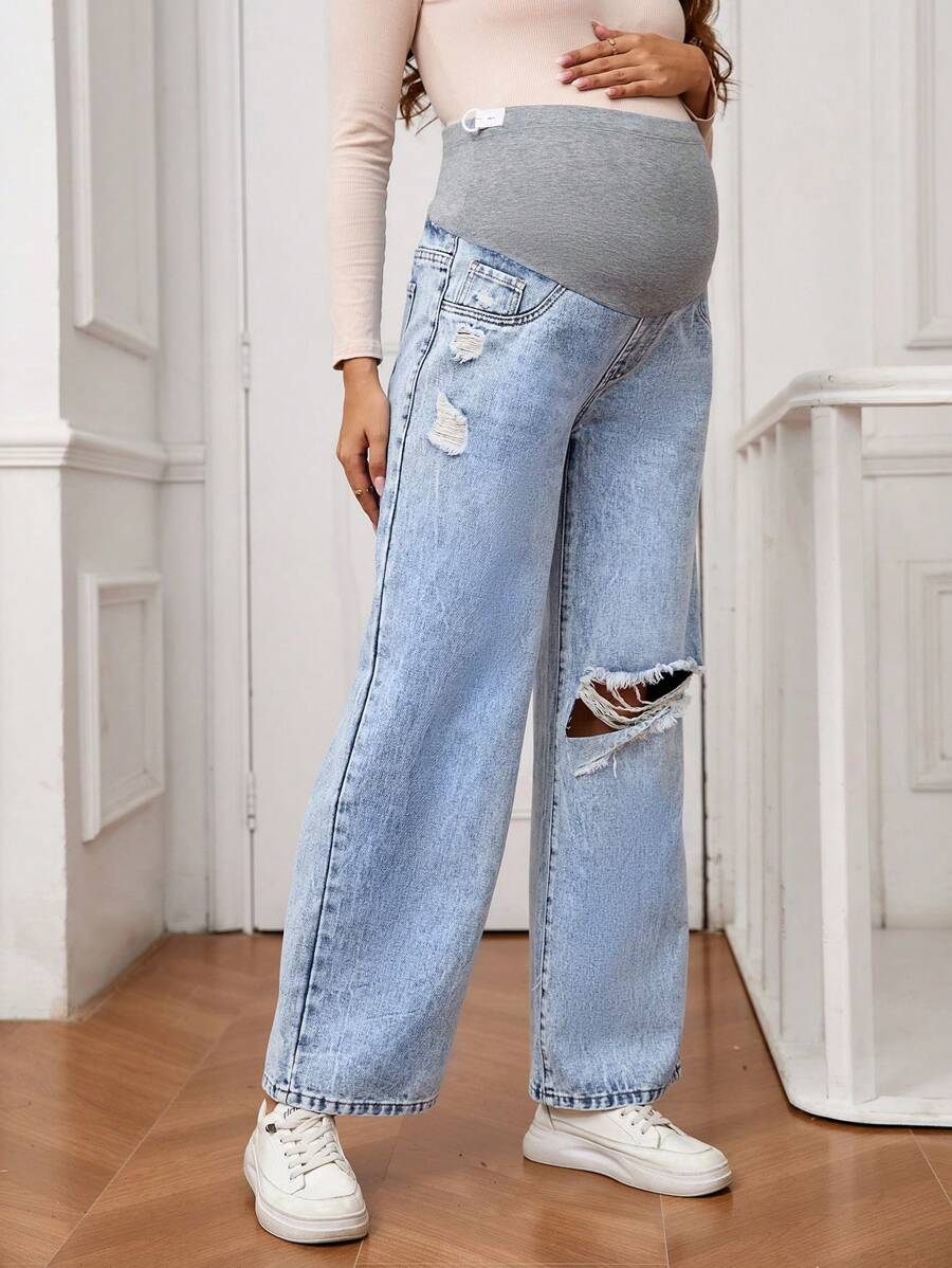 SHEIN Adjustable Waist Distressed Straight Loose Maternity Jeans - Medium Wash - View 1