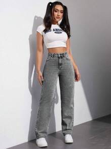 SHEIN EZwear Casual Washed Straight-Leg Jeans - Grey - View 3