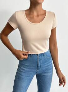 Cottnline Solid Scoop Neck Tee - Beige - View 4