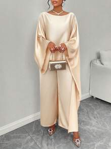 SOLERSUN 女士冬装杏色缎面露肩日常通勤蝙蝠袖超大不对称下摆长袖衬衫直筒裤套装