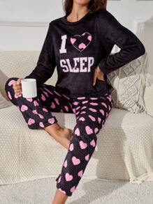 Lindo conjunto de pijama con estampado de corazones para mujer - Rosa - Ver 1
