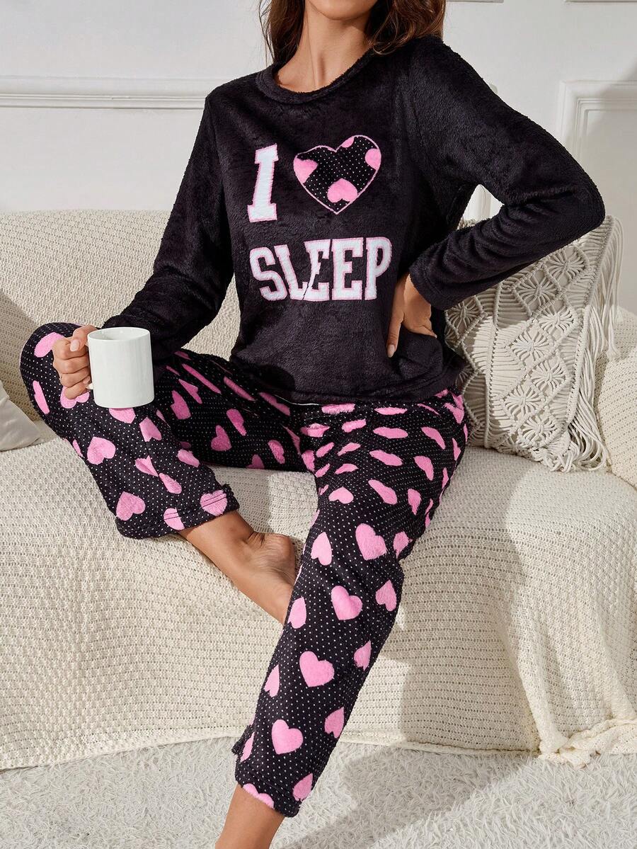 Lindo conjunto de pijama con estampado de corazones para mujer - Rosa - Ver 1
