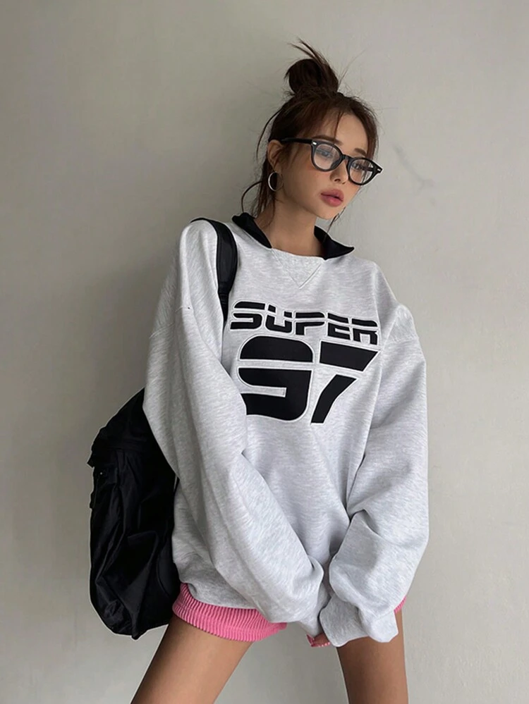 Women's Loose Fit Letter Embroidered Crew Neck Sweatshirt,Fall Clothes