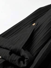 SHEIN LUNE Plus Size V-Neck Button Back Long Sleeve Solid Color Casual Shirt Fall Cloth For Women - Black - View 3