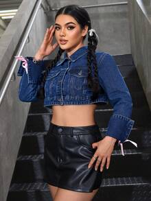 SHEIN EZwear 女士纽扣式长袖时尚街头风格短款牛仔夹克 - 深色水洗藍 - 查看 8