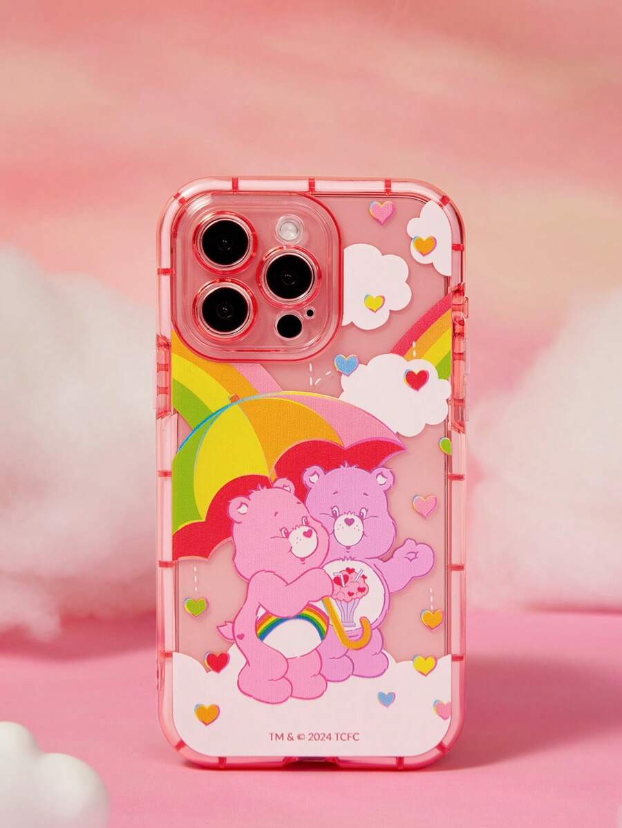 SHEIN X Care Bears 卡通熊与彩虹图案半透明粉色手机壳、礼物 - 西瓜粉 - 查看 1