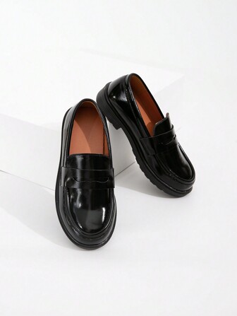 Boys' Vintage Black Patent Leather Smart Casual Dress Shoes, Elegant Design For Big Kids