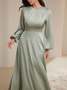 Veilorie Women's Elegant Solid Color Lantern Sleeve Long Dress, Spring & Autumn Modest - Green - View 5