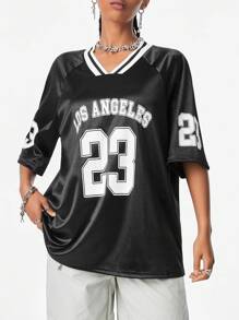 Muchica Women's Y2K Blokecore Oversized Motorcycle Racing Big Number Print Metal Material T-Shirt - Black - View 5