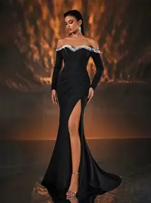 Glamrae Váy dài chấm đất đuôi cá đính ngọc trai đính đá cổ trễ vai bằng vải dệt kim co giãn màu đen thanh lịch & quyến rũ, tay dài, thích hợp cho đám cưới, tiệc tùng, ngày lễ và tiệc chiêu đãi (được tô điểm đậm), váy dạ hội trang trọng, cho khách dự tiệc cưới, tốt nghiệp, tiệc tối, váy dạ hội - màu đen - Xem 2