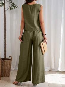 SHEIN LUNE 2pcs Women's Casual Solid Color Tank Top And Wide Leg Pants Set, Summer