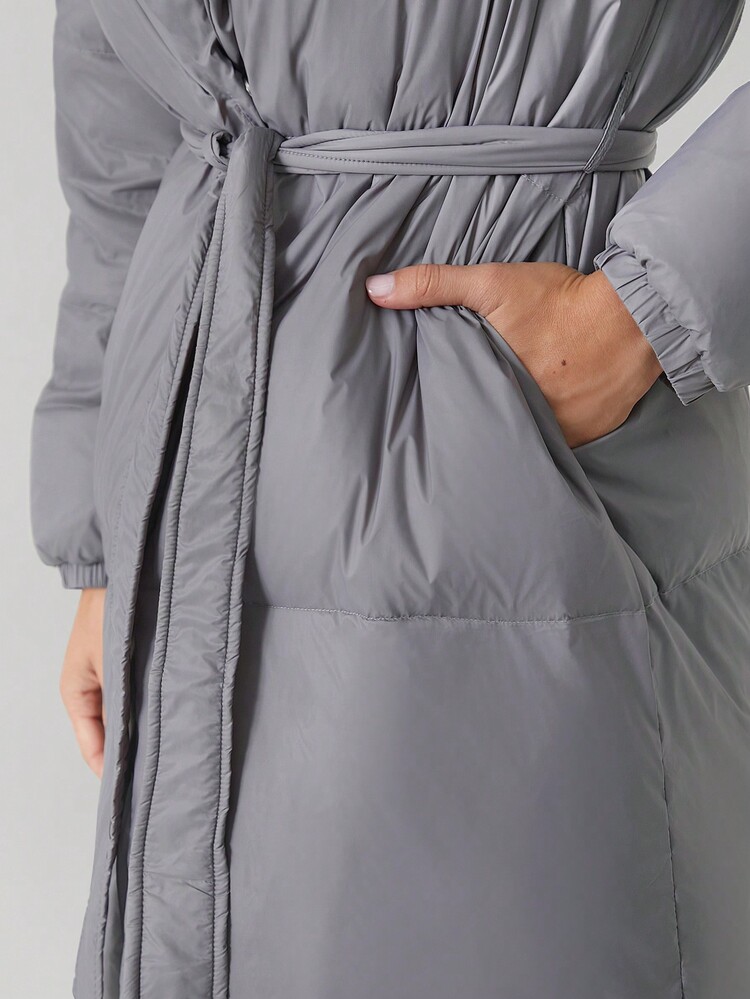 SHEIN EZwear Women's Long Sleeve Simple Solid Deep Gray Quilted Feathers& Down Jacket - Dark Grey - View 7