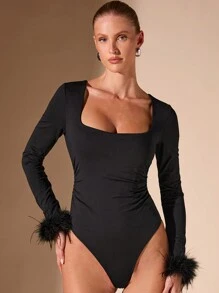 SHEIN BAE Women's Plain Square Neck Fuzzy Patchwork Long Sleeve Bodysuit - Black - View 5