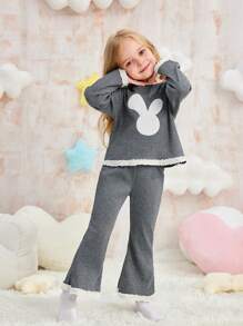 2pcs Young Girls Cute Rabbit Ear Hoodie & Pants Comfortable Homewear Set, Autumn Winter - Grey - View 3