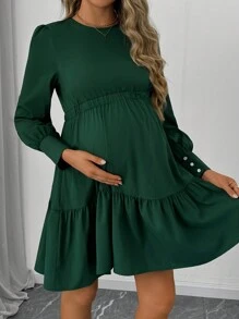 SHEIN Maternity Round Neck Long Sleeve Button Pleated Short Dress - Dark Green - View 4