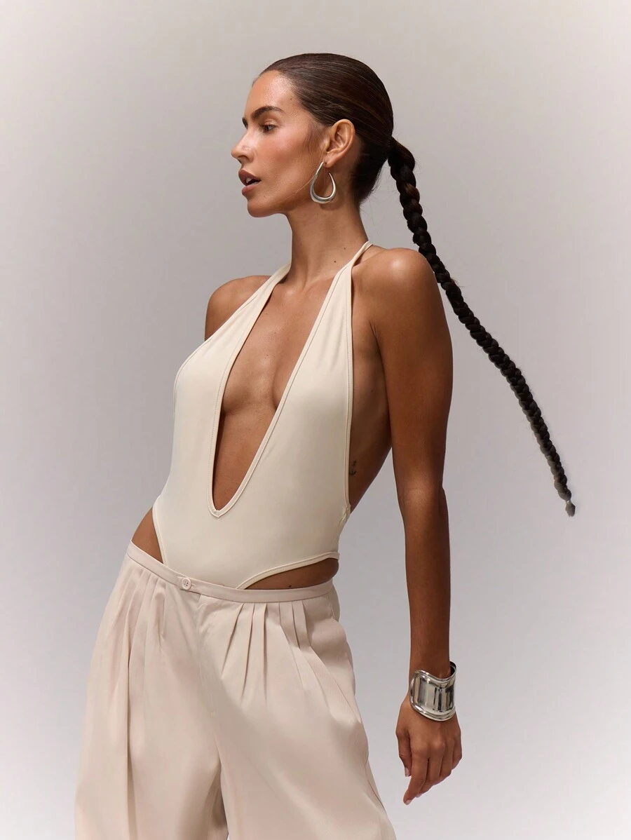 MUSERA Extreme Plunge Neck Strappy Bodysuit Sleeveless Halter Open Back Sexy Club Date Night Out Rave Concert Autumn Winter Fall Sales Clearance - Beige - View 1