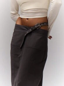 MUSERA Buckle Detail Side Slant Skirt Elegant Summer Sexy Chic - Grey - View 5