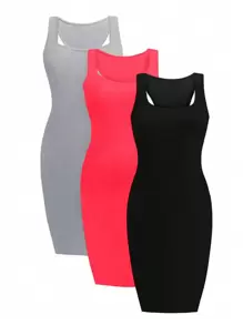 SHEIN LUNE 大码纯色无袖修身休闲连衣裙 - 彩色 - 查看 1