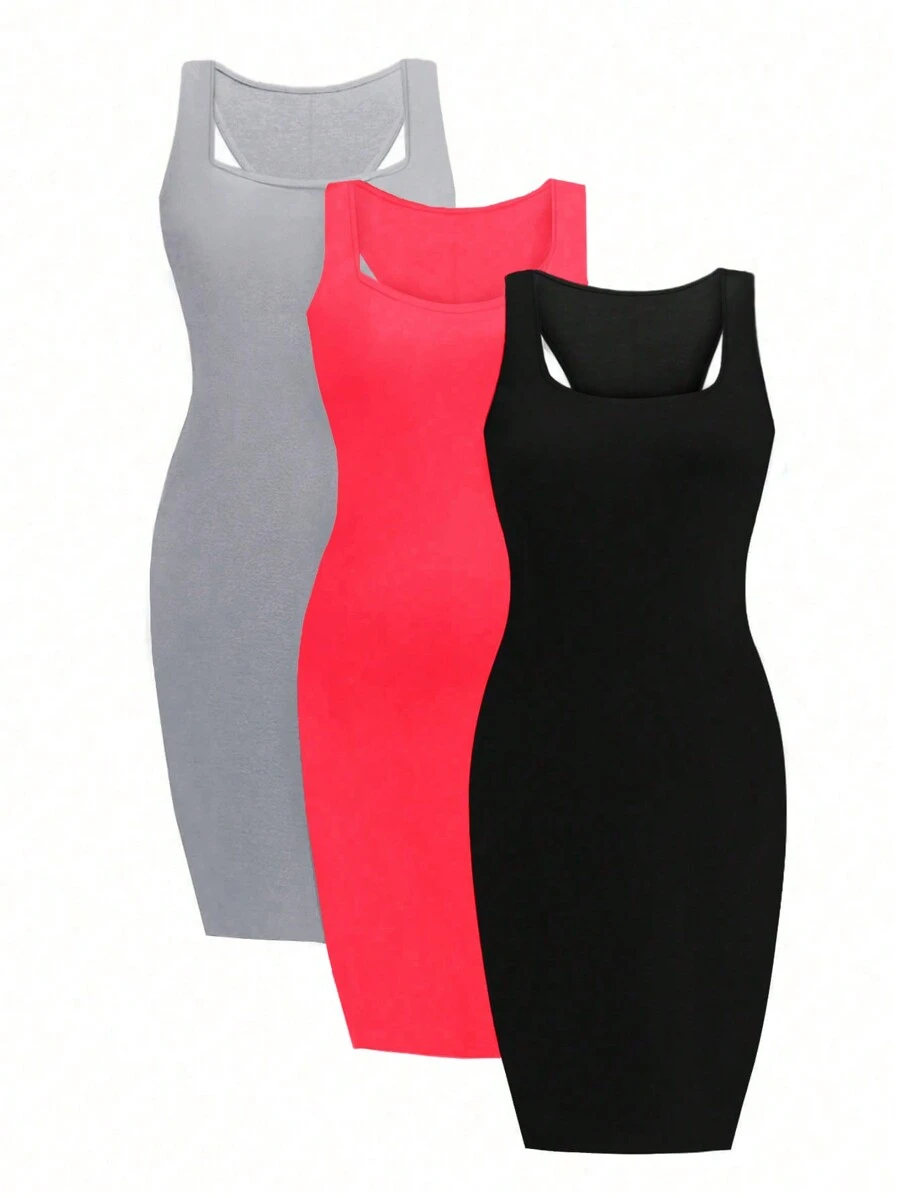 SHEIN LUNE 大码纯色无袖修身休闲连衣裙 - 彩色 - 查看 1