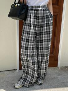 DAZY Pantalones casuales holgados de mujer a cuadros - Blanco y Negro - Ver 2