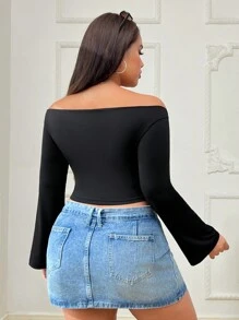 SHEIN EZwear Plus Size Women Spring Summer Solid Asymmetrical Hem Casual Off Shoulder T-Shirt Top