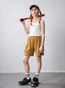 SHEIN Quần áo bảo hộ lao động dệt kim Tween Girl màu trơn có túi quần short thông thường - Nhiều màu - Xem 3