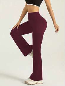 修身高腰喇叭裤 - 弹力面料，喇叭裤，适合瑜伽和健身，透气女士健身服 - 酒紅色 - 查看 5