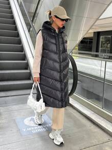 SHEIN Cottnline Damski jednolity kolor, kieszenie, bezrękawnik, kaptur, długi, swobodny płaszcz na zimę - Czarne - Zobacz 5