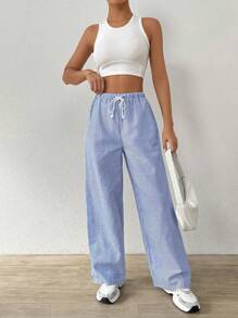 SHEIN EZwear 系带条纹休闲裤 - 藍白色 - 查看 5