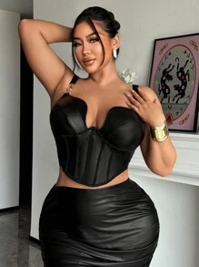 SHEIN SXY Reggiseno elegante da donna taglie forti con coppa a rete in PU nera, arricciatura e fibbia metallica decorativa regolabile per danza e festa - nero - Visualizzare 7