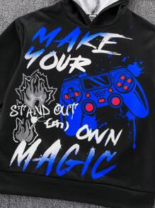 SHEIN Leap Crew 两件套青少年男童涂鸦字母印花卫衣和运动裤套装，秋冬季，黑色，红色 - 寶藍色 - 查看 3