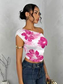 SHEIN BAE Women's Floral Print Asymmetric Ruched Crop Top, Summer - Red and White - View 3