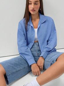 SHEIN Unity American Style Blue & White Plaid Zip-Up Loose Jacket - Blue - View 4