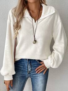 EMERY ROSE 女士纯色拉链羊毛连帽套头衫，宽松版型，休闲，秋冬 - 白色 - 查看 3