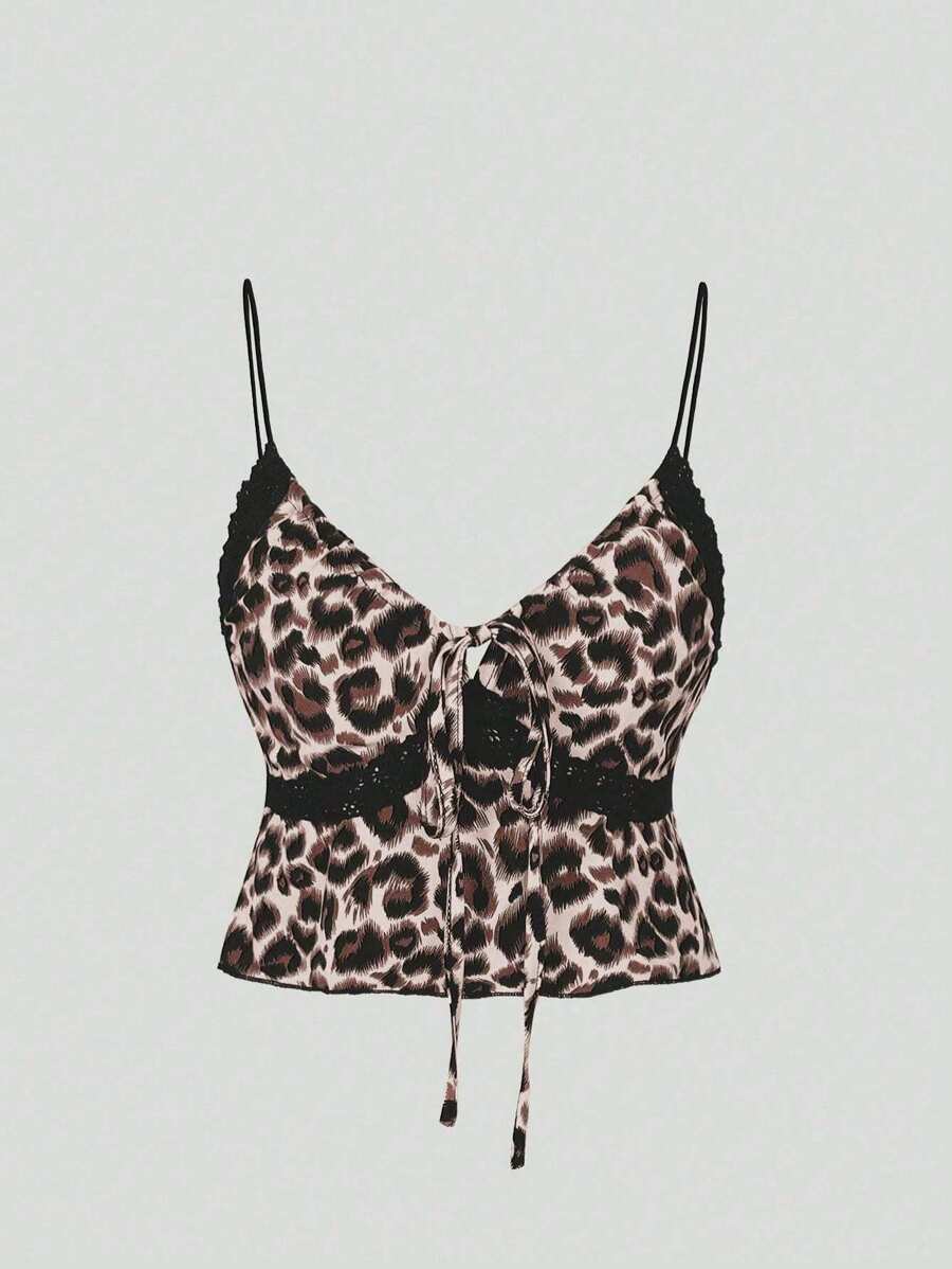 Flirla Top cami estampado de leopardo con encaje en la Bottom y nudo delantero