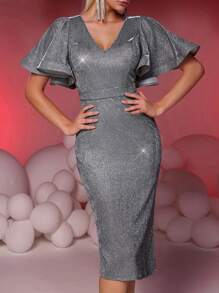 SHEIN Belle Elegant And Gorgeous Silver Glitter Elastic Powdered Woven Fabric Deep V-Neck Exaggerated Ruffle Sleeves Hip-Wrapped Back Slits Suitable For Evening Parties, Dating And Cocktail Dresses, Prom Semi Formal Dress, For Birthday, Wedding Guest, Graduation, Dinner, Homecoming - Silver - View 7