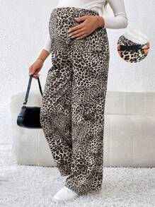 SHEIN Quần dài thường ngày họa tiết da báo cạp chun cho bà bầu, dành cho bà bầu - màu nâu - Xem 3