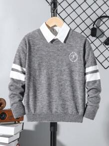 Tween Boys 灰色基本款套头衫，袖子上有 2 条对比色条纹，适合秋冬季、休闲家居和户外穿着