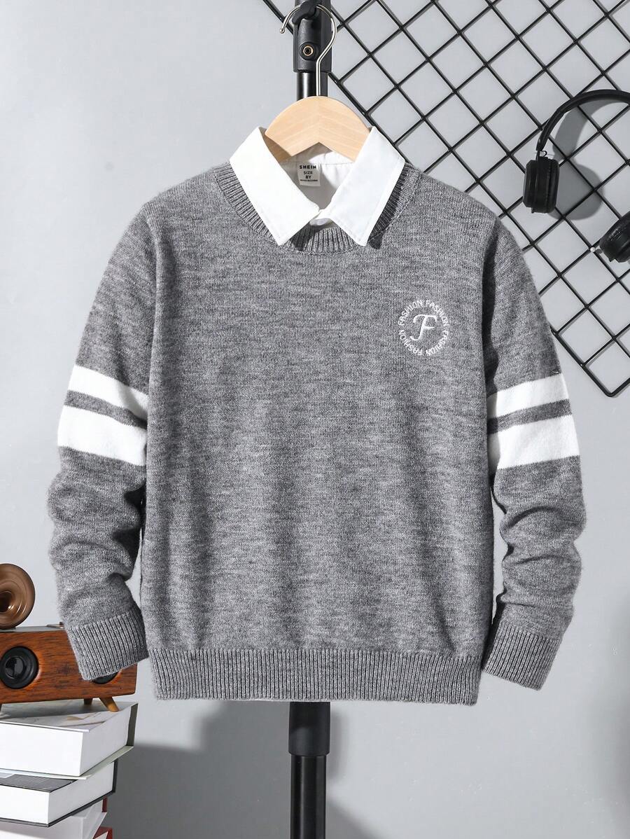 Tween Boys 灰色基本款套头衫，袖子上有 2 条对比色条纹，适合秋冬季、休闲家居和户外穿着