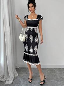 Firerie 女士优雅假日休闲印花方领荷叶边下摆紧身中长连衣裙，夏季