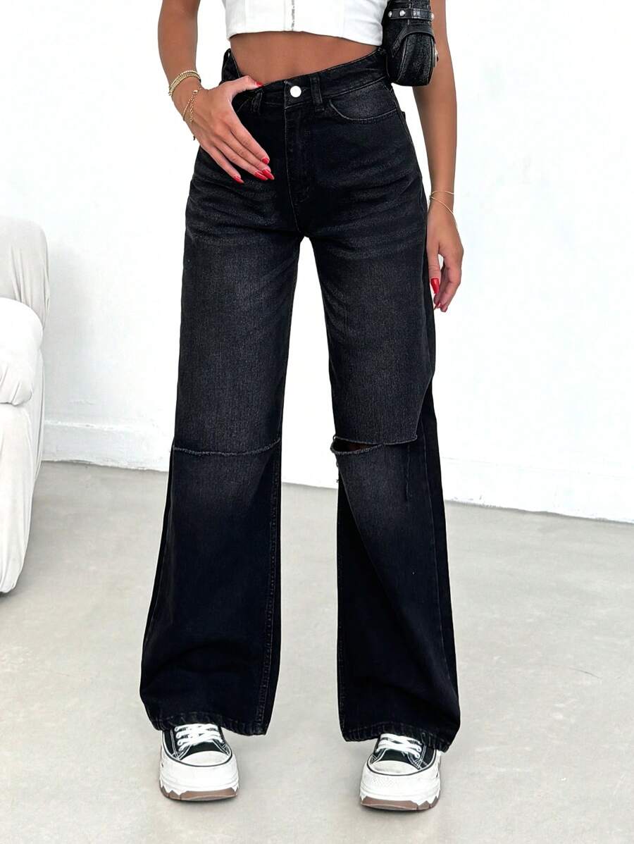 RueChic 100% Cotton HIGH RISE RIPPED WIDELEG BLACK JEAN - Black - View 1