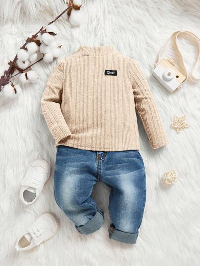 SHEIN Baby Boys Casual Knitted Turtleneck Long Sleeve  Tops