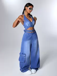 Jeanoix 女士夏季时尚镂空牛仔连体裤 - 藍色 - 查看 6