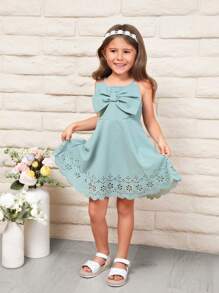 SHEIN Vestido sin mangas con decoración de lazo bonito y unicolor para niña joven, ideal para ocasiones informales - verde menta - Ver 6